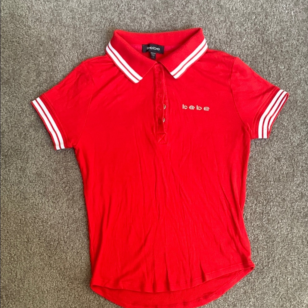 Bebe Red Polo Shirt with Sporty Striped Trim